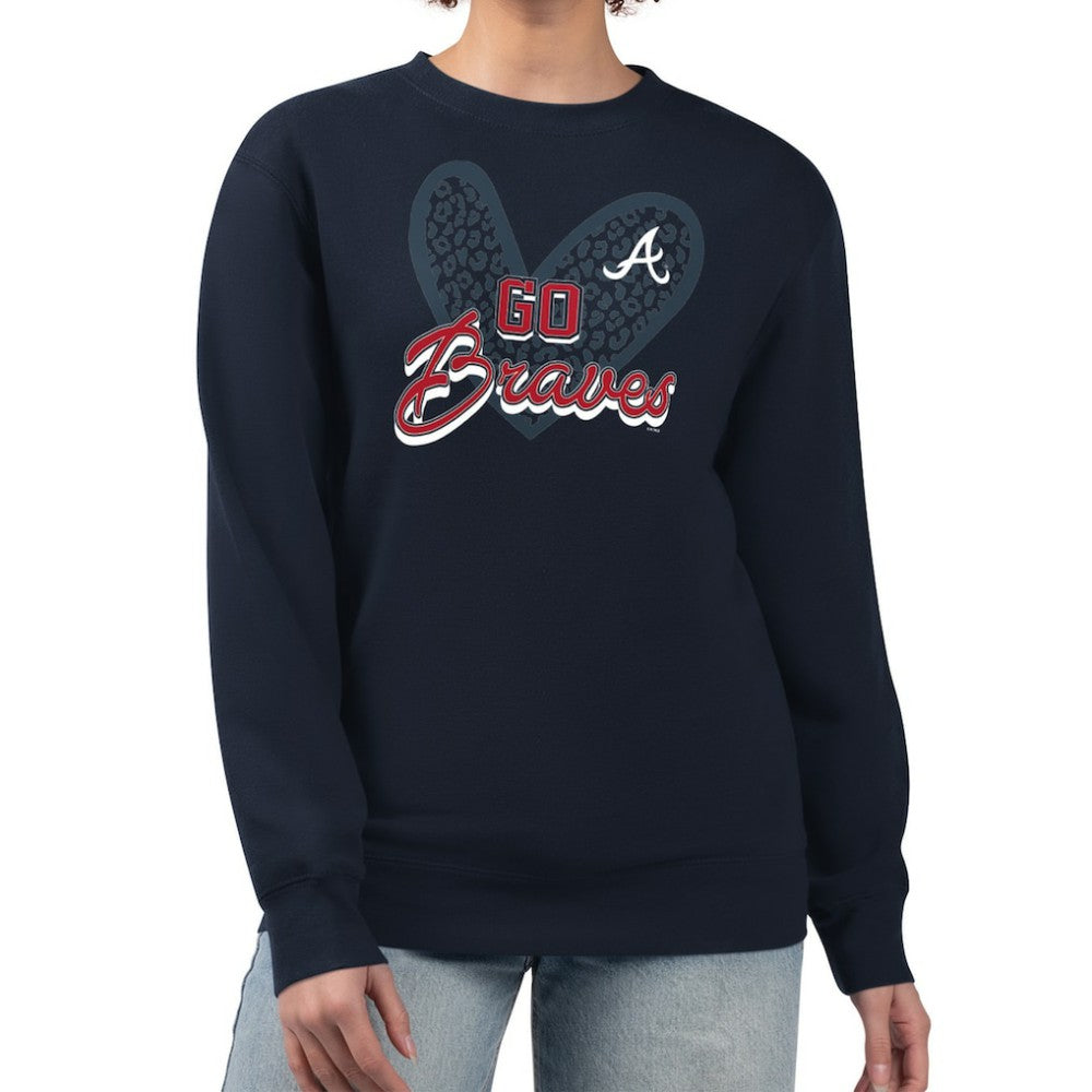 Atlanta Braves G-III 4Her by Carl Banks Women's Leopard Heart Pullover Sweatshirt - Navy