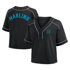 Miami Marlins Women's Oversized Champ Game Cropped  V-Neck T-Shirt - Black