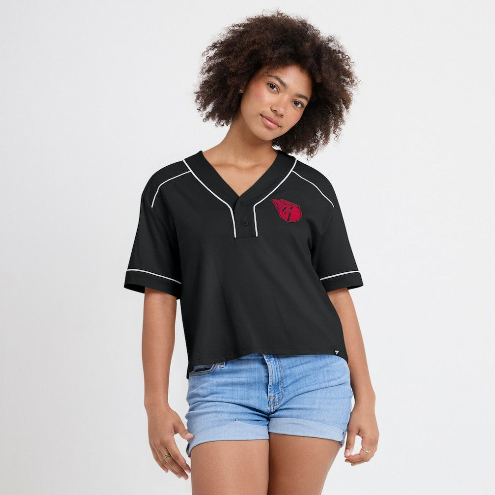 Cleveland Guardians Women's Oversized Champ Game Cropped  V-Neck T-Shirt - Black