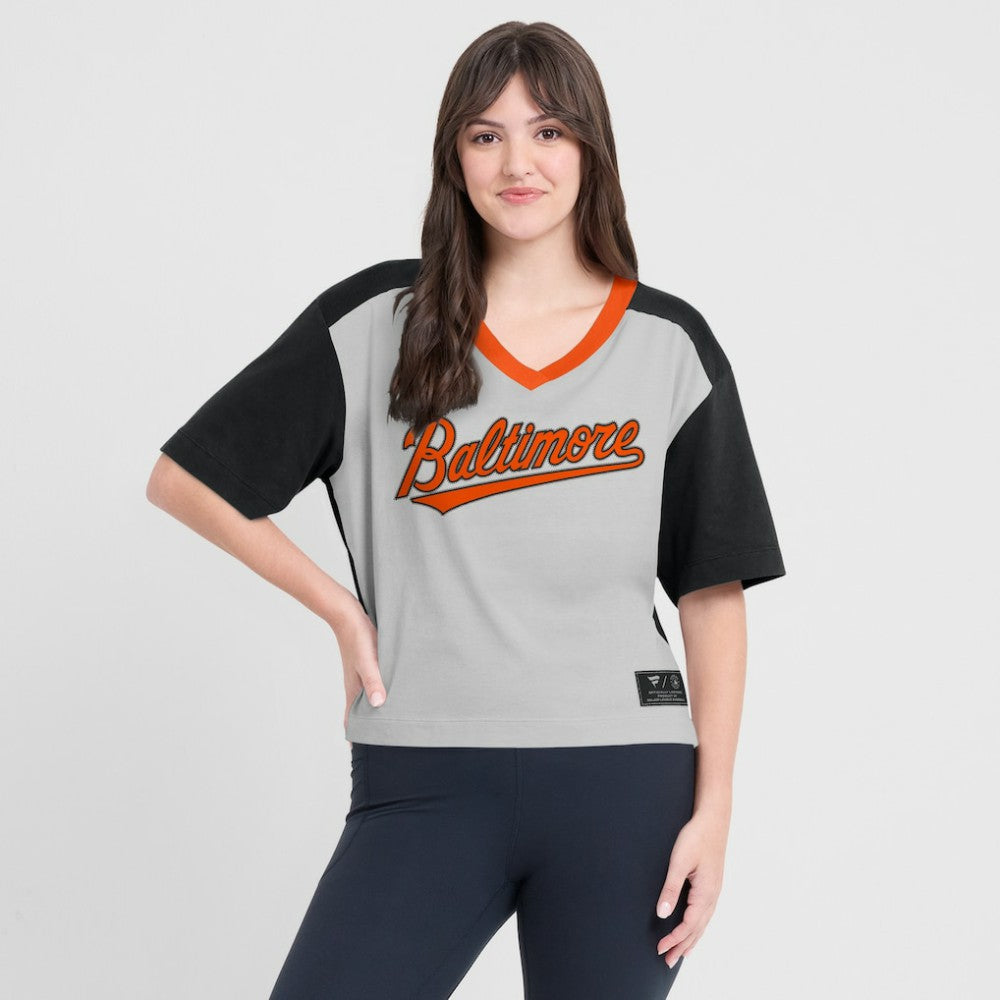 Baltimore Orioles Oversized Race To Win V-Neck T-Shirt - Black/Graphite