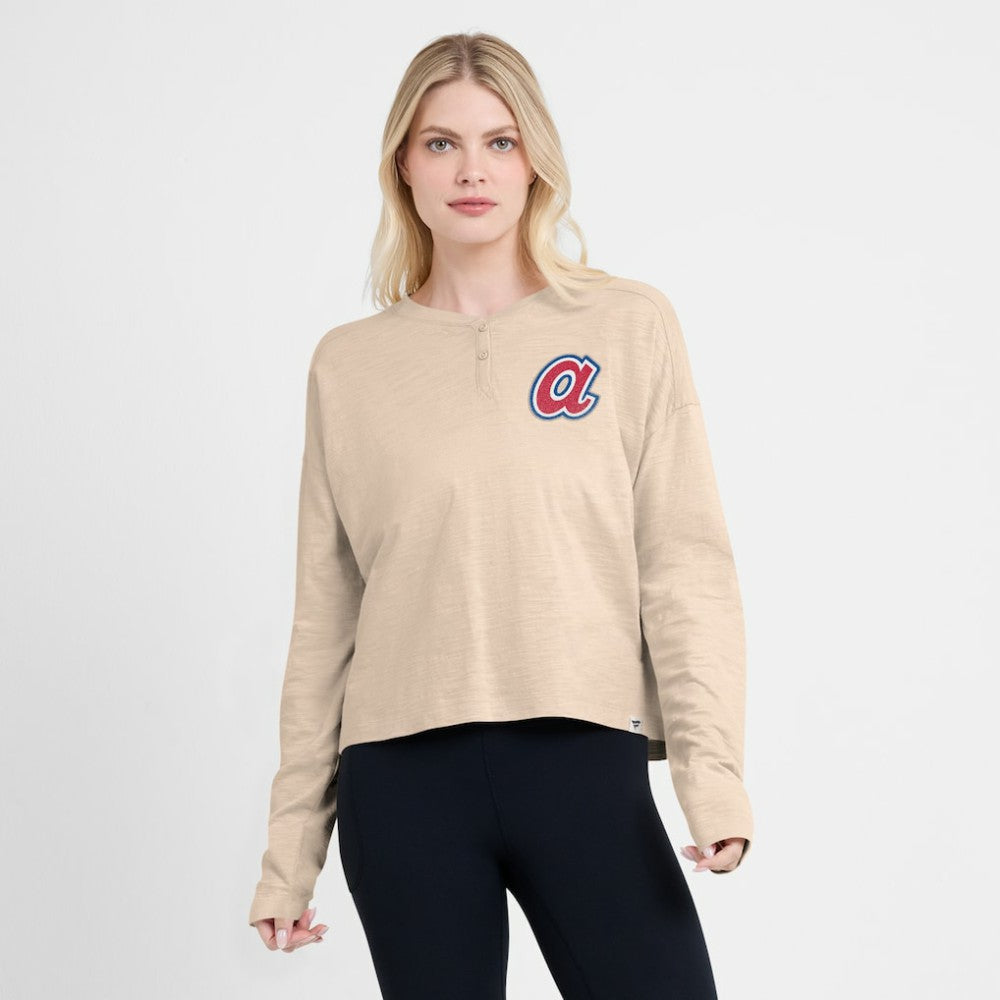 Atlanta Braves Women's Oversized Stadium Slub Long Sleeve Henley T-Shirt - Tan