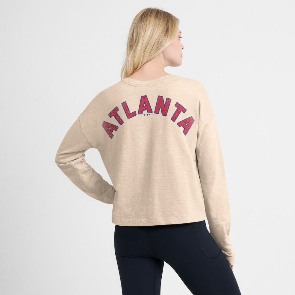 Atlanta Braves Women's Oversized Stadium Slub Long Sleeve Henley T-Shirt - Tan