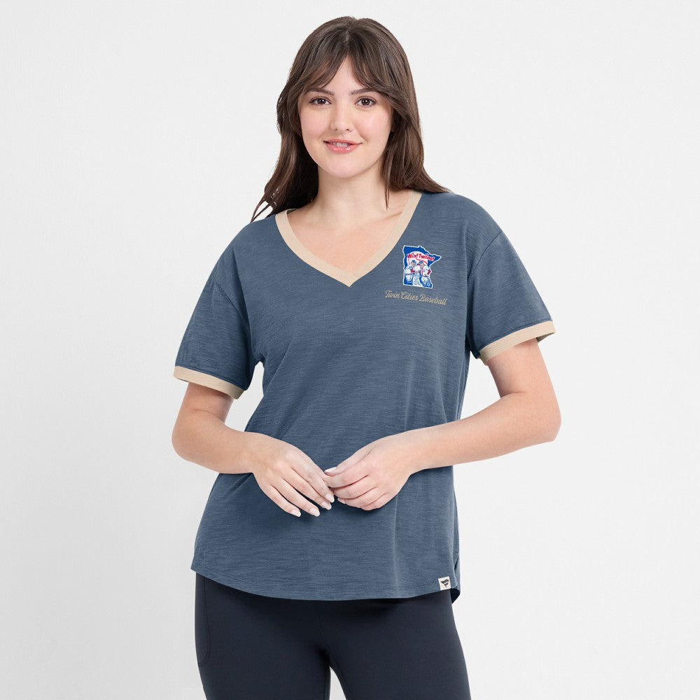 Minnesota Twins Women's Binge Worthy Stadium Slub V-Neck T-Shirt - Navy