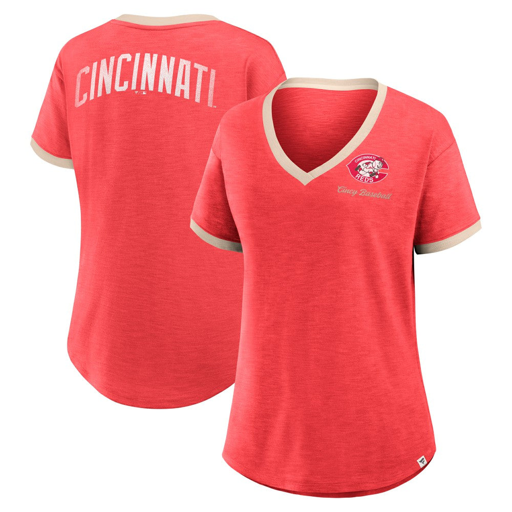Cincinnati Reds Women's Binge Worthy Stadium Slub V-Neck T-Shirt - Red