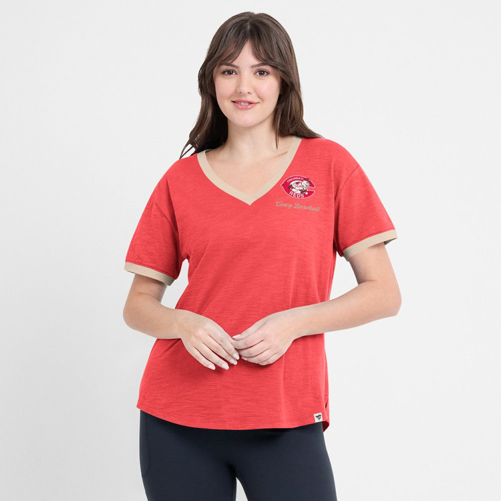 Cincinnati Reds Women's Binge Worthy Stadium Slub V-Neck T-Shirt - Red