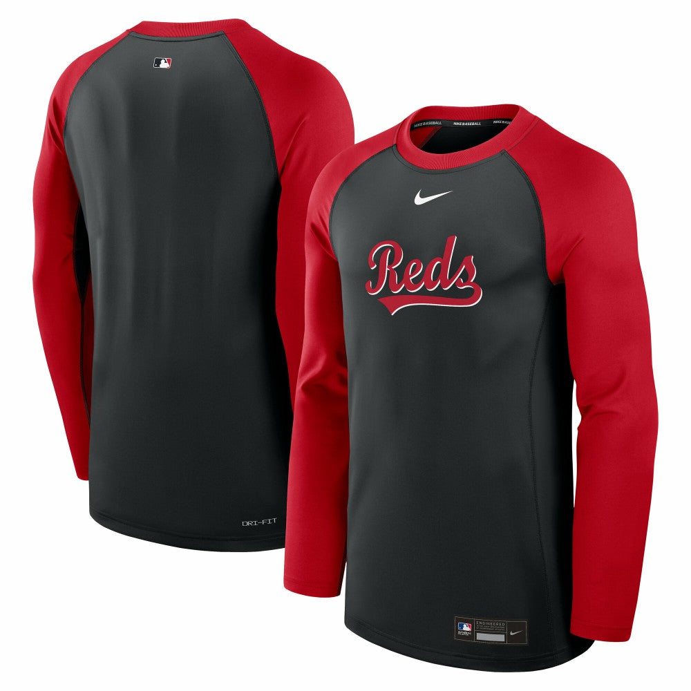 Cincinnati Reds Authentic Collection Game Time Raglan Dri-FIT Long Sleeve T-Shirt - Black/Red | Nike