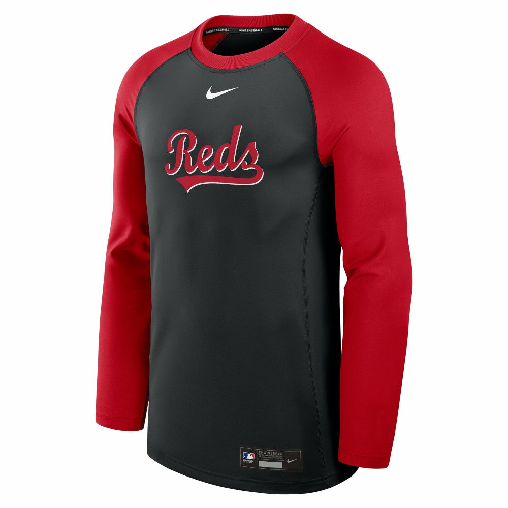 Cincinnati Reds Authentic Collection Game Time Raglan Dri-FIT Long Sleeve T-Shirt - Black/Red | Nike