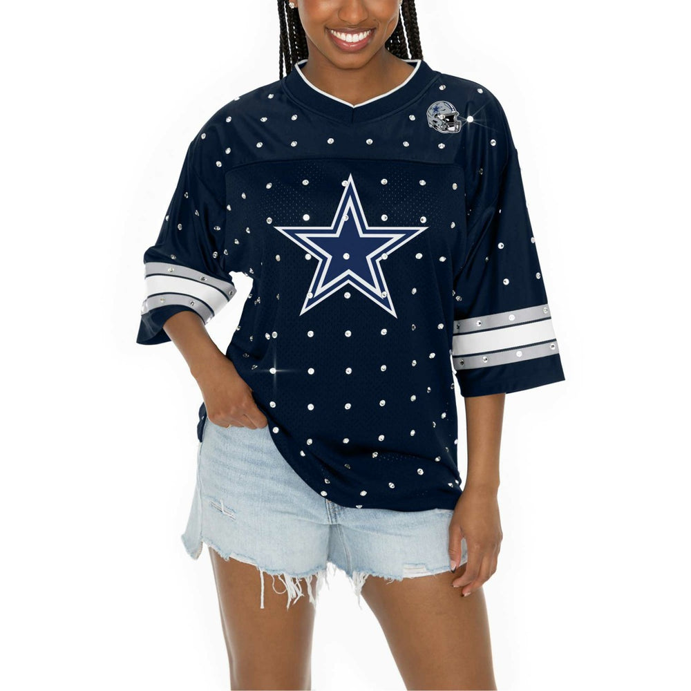 NFL Dallas Cowboys Gameday Couture Women's Kickoff Time Allover Rhinestone Sports Stripe Jersey V-Neck T-Shirt
