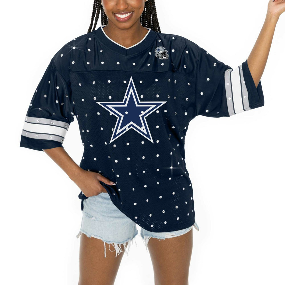 NFL Dallas Cowboys Gameday Couture Women's Kickoff Time Allover Rhinestone Sports Stripe Jersey V-Neck T-Shirt