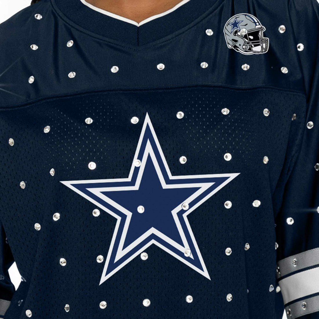 NFL Dallas Cowboys Gameday Couture Women's Kickoff Time Allover Rhinestone Sports Stripe Jersey V-Neck T-Shirt
