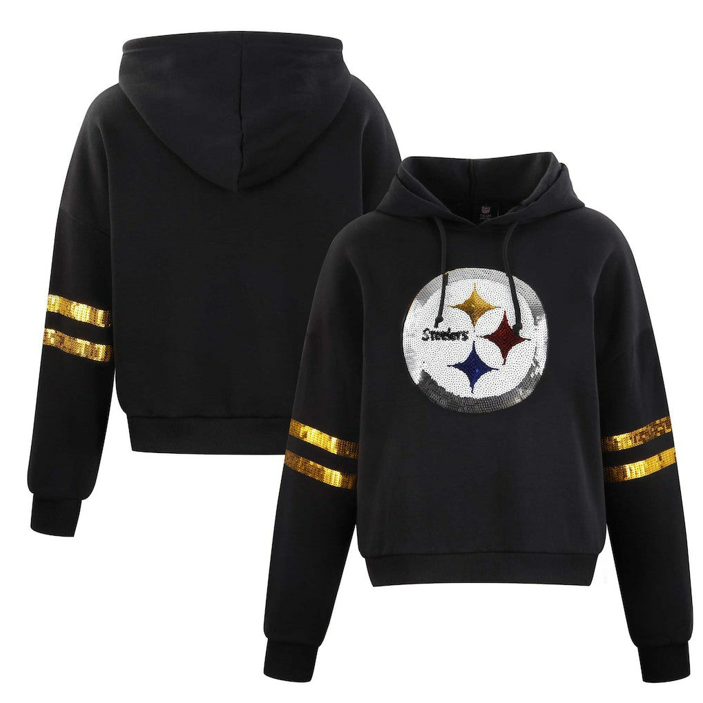 NFL Pittsburgh Steelers Cuce Women's Cropped Sequins Pullover Hoodie