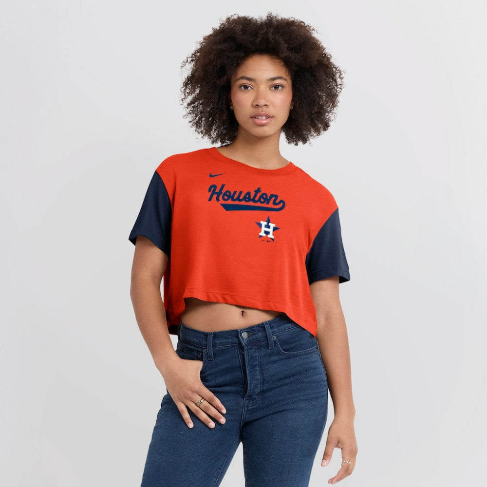 Houston Astros Women's Script Dri-FIT Cropped T-Shirt - Orange/Navy | Nike