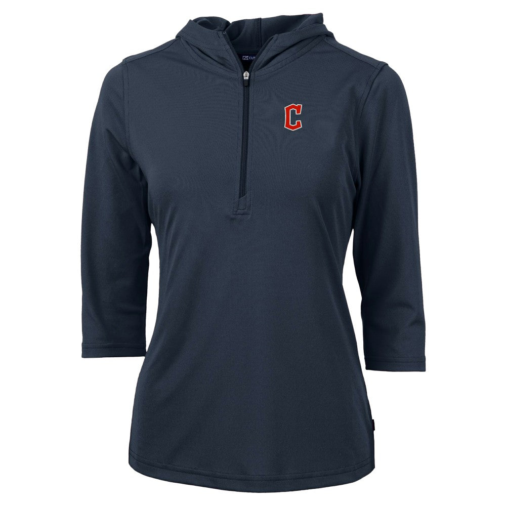 Cleveland Guardians Cutter & Buck Women's  DryTec Virtue Eco Pique Recycled 3/4-Sleeve Half-Zip Pullover Hoodie - Navy