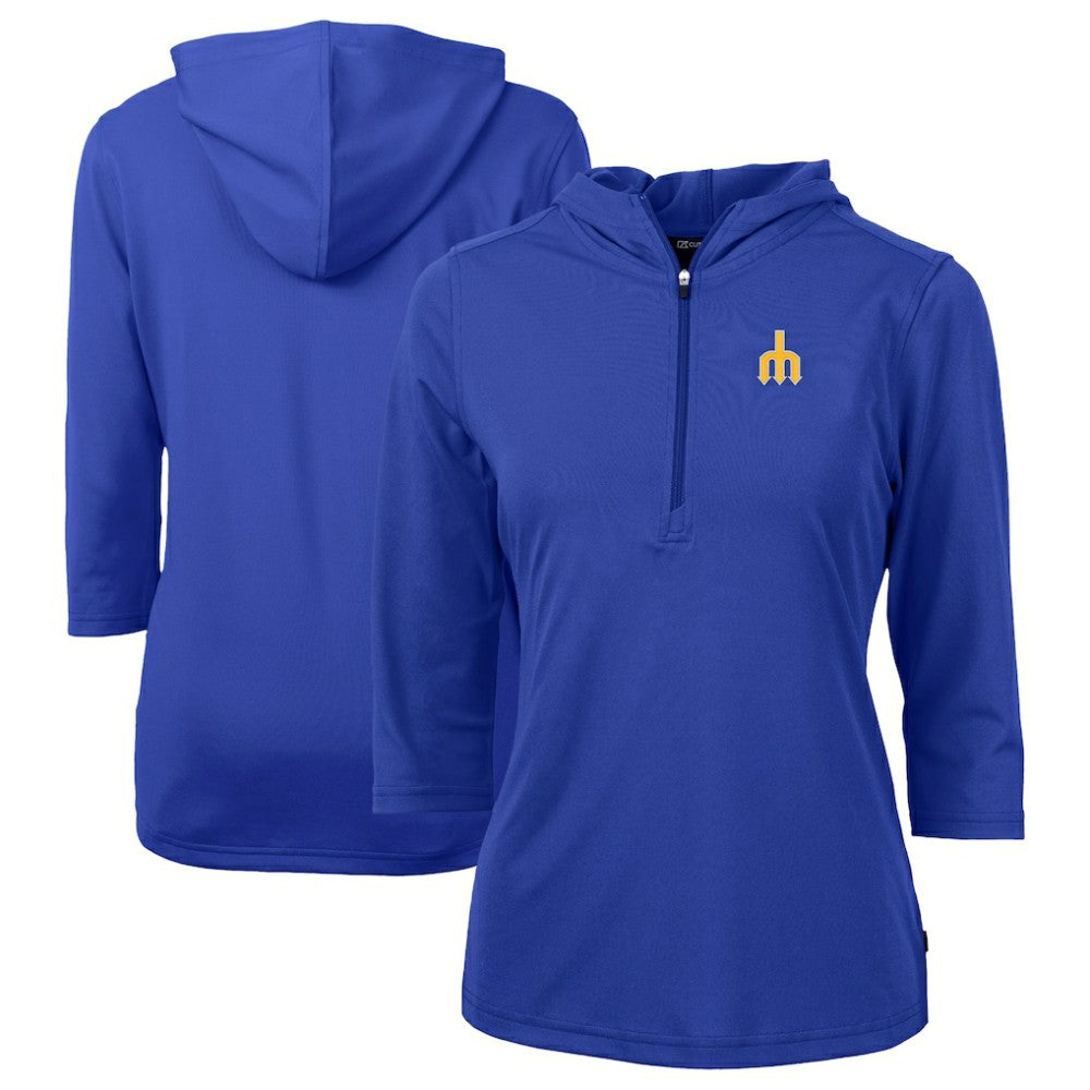 Seattle Mariners Cutter & Buck Women's  DryTec Virtue Eco Pique Recycled 3/4-Sleeve Half-Zip Pullover Hoodie - Blue