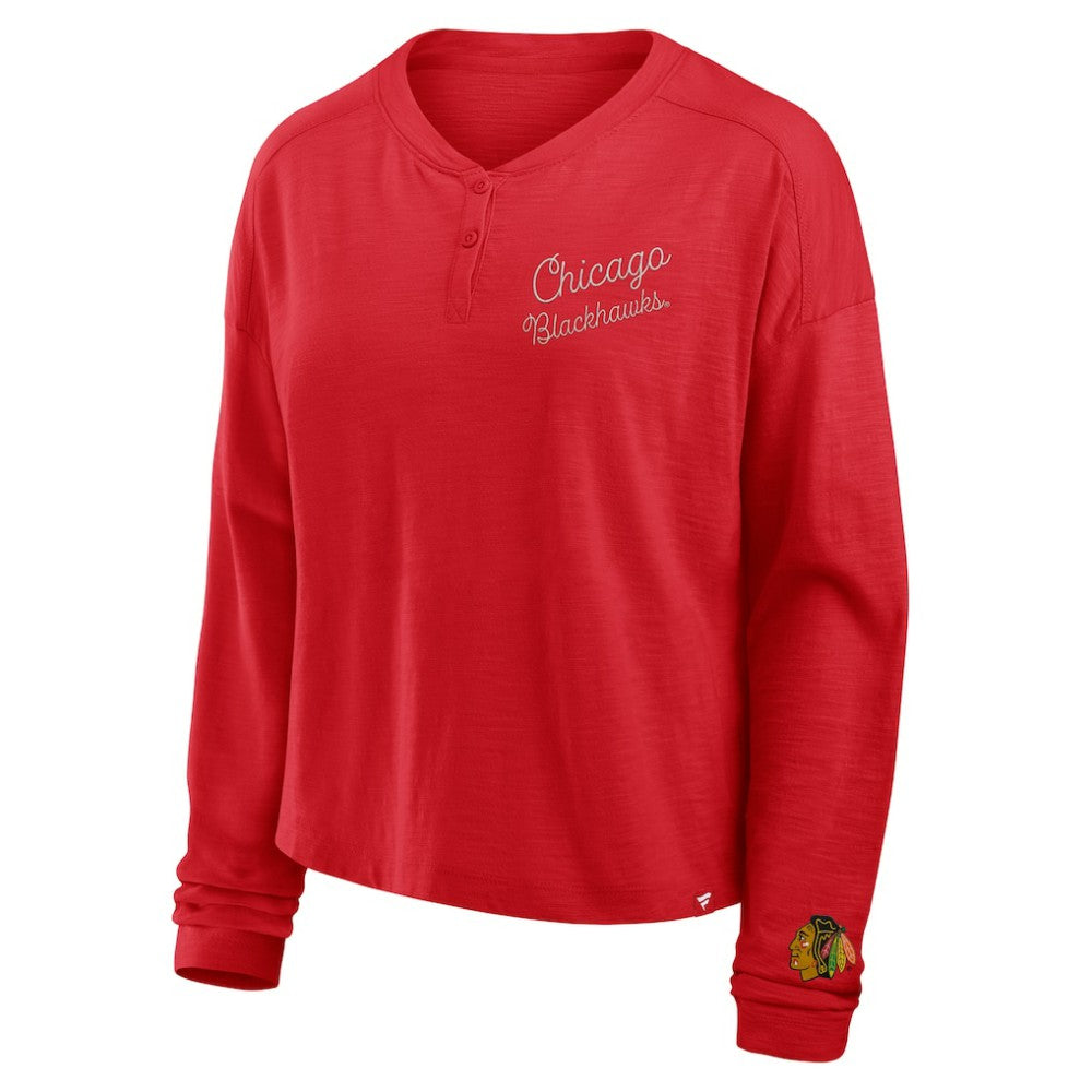 Chicago Blackhawks Fanatics Women's Oversized All Out Effort Long Sleeve Henley T-Shirt