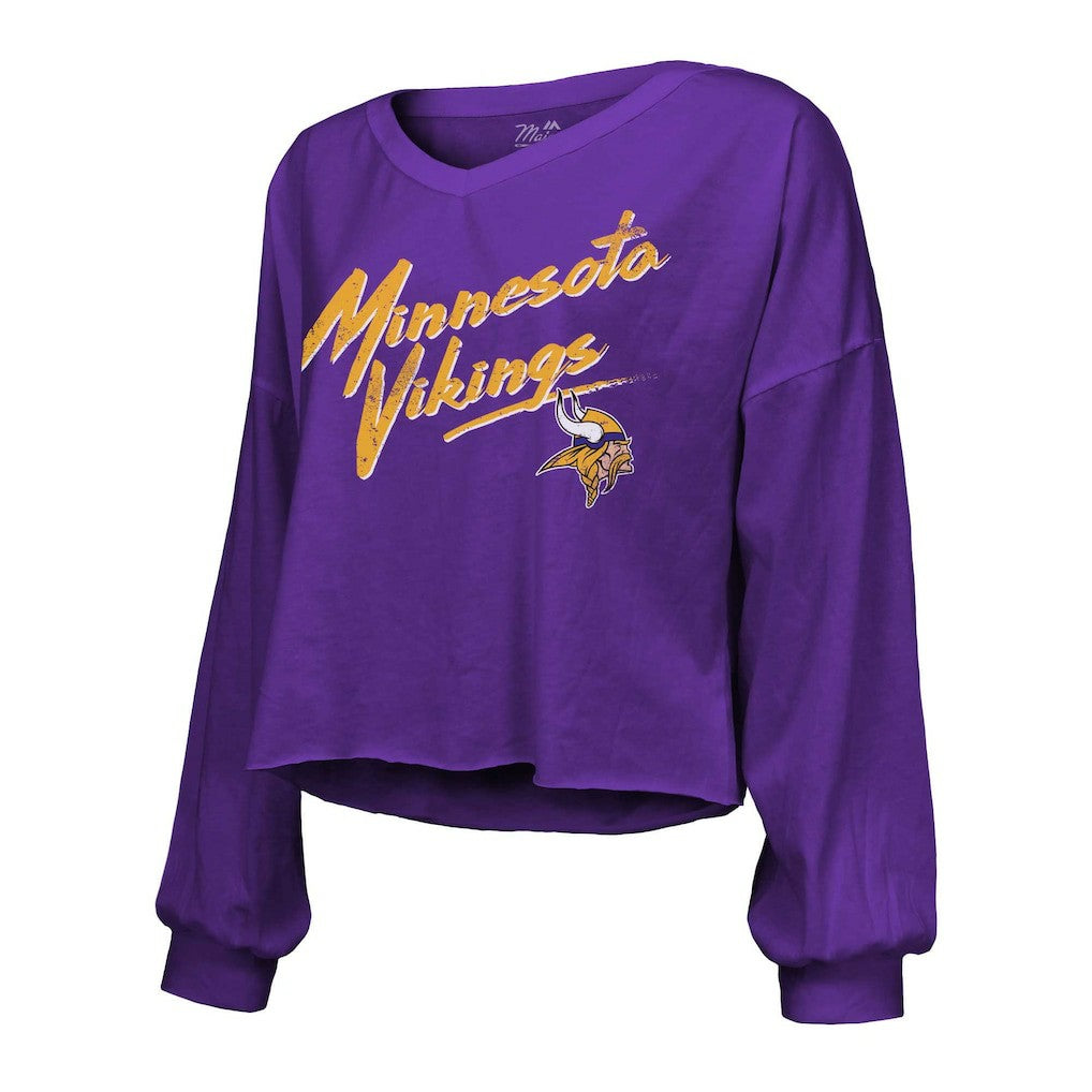 NFL Minnesota Vikings J.J. McCarthy  Majestic Threads Women's Name & Number Off-Shoulder Script Cropped Long Sleeve V-Neck T-Shirt