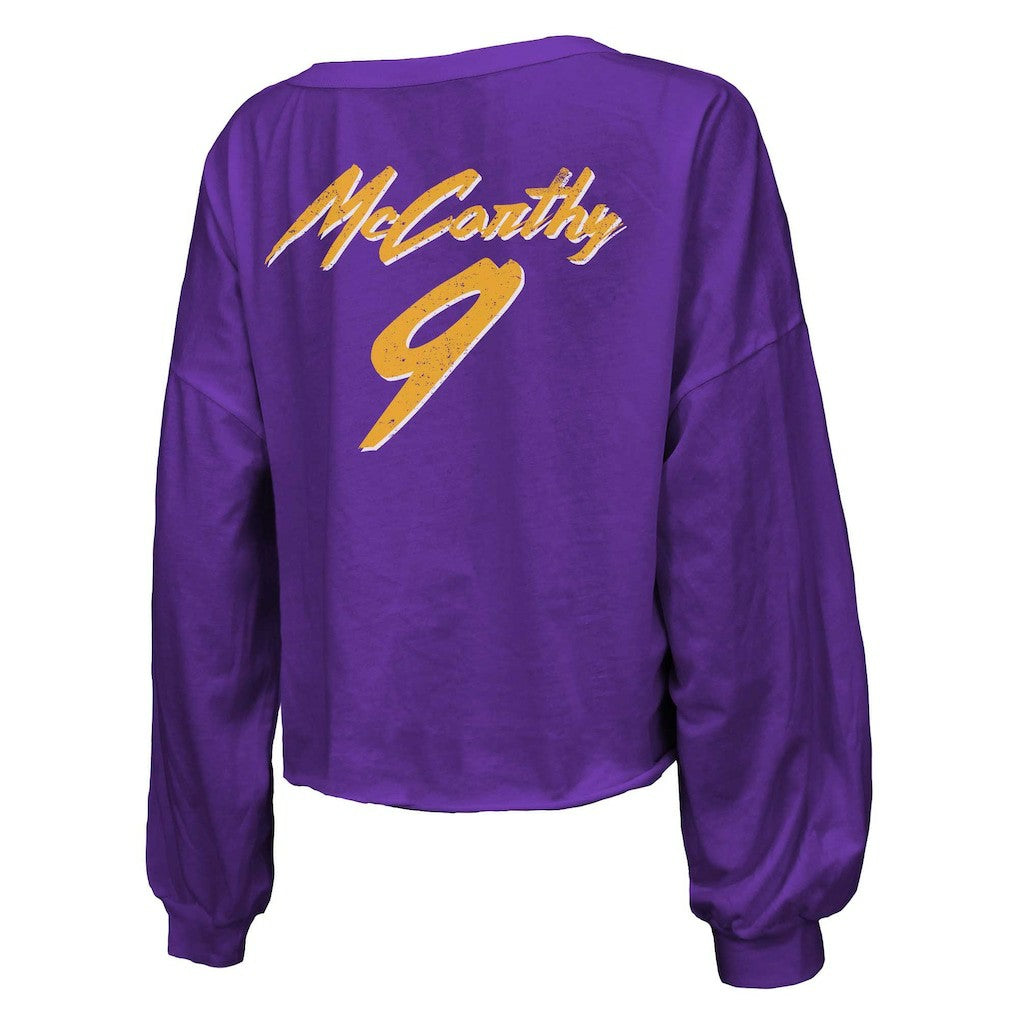 NFL Minnesota Vikings J.J. McCarthy  Majestic Threads Women's Name & Number Off-Shoulder Script Cropped Long Sleeve V-Neck T-Shirt