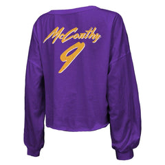 NFL Minnesota Vikings J.J. McCarthy  Majestic Threads Women's Name & Number Off-Shoulder Script Cropped Long Sleeve V-Neck T-Shirt