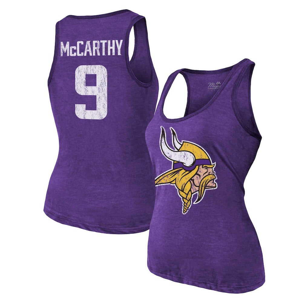NFL Minnesota Vikings J.J. McCarthy  Majestic Threads Women's Name & Number Tri-Blend Scoop Neck Tank Top