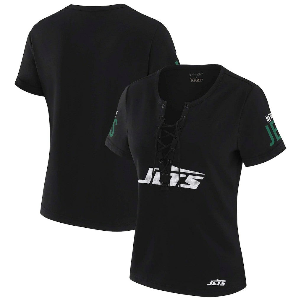 NFL New York Jets WEAR by Erin Andrews x Gracie Hunt Women's Draft Me Lace-Up T-Shirt