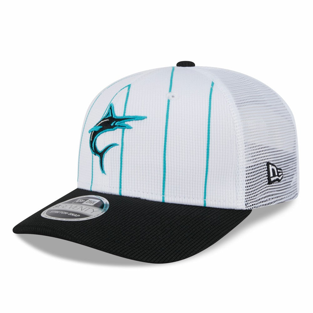 Miami Marlins 2025 Batting Practice 9SEVENTY Stretch-Snap Trucker Hat - White/Black | New Era
