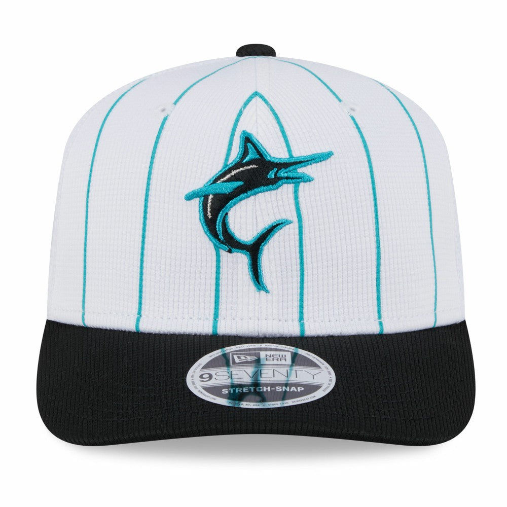 Miami Marlins 2025 Batting Practice 9SEVENTY Stretch-Snap Trucker Hat - White/Black | New Era
