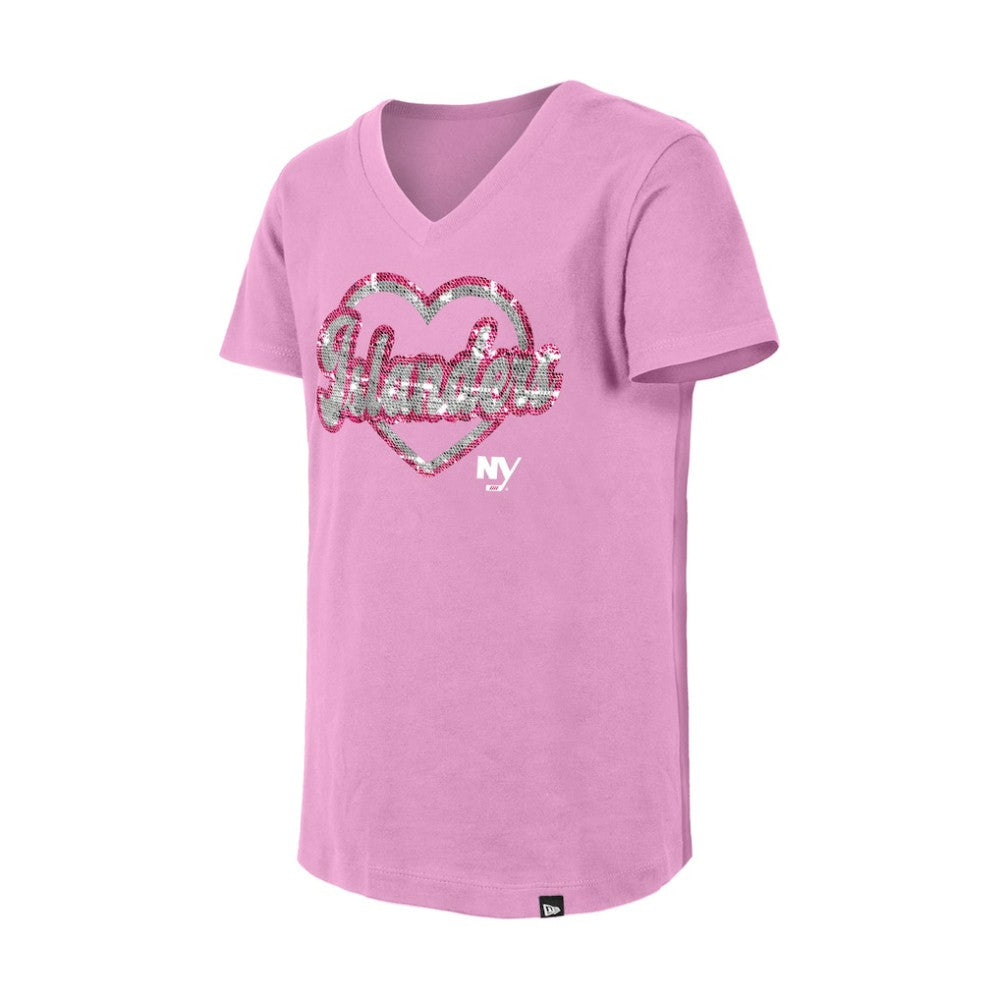 New York Islanders New Era Girl's Youth Flip Sequin V-Neck T-Shirt