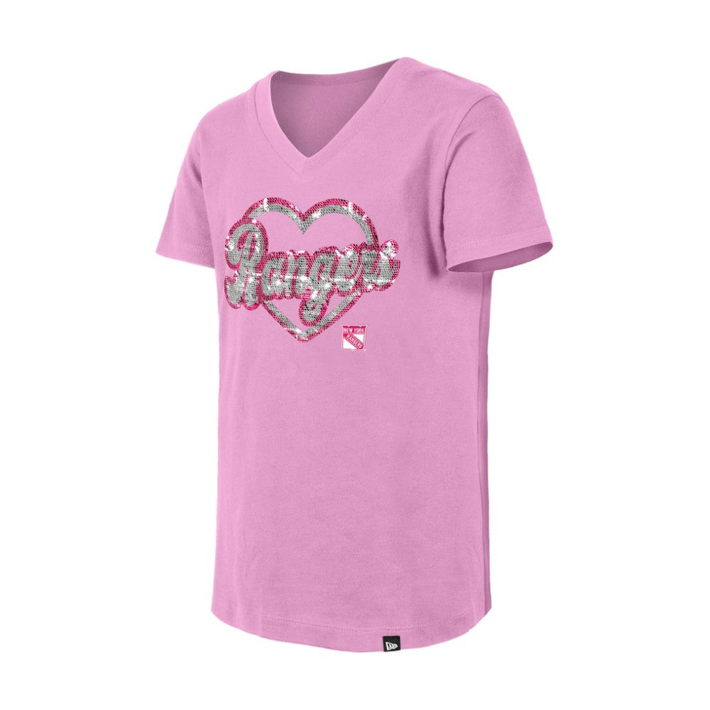 New York Rangers New Era Girl's Youth Flip Sequin V-Neck T-Shirt