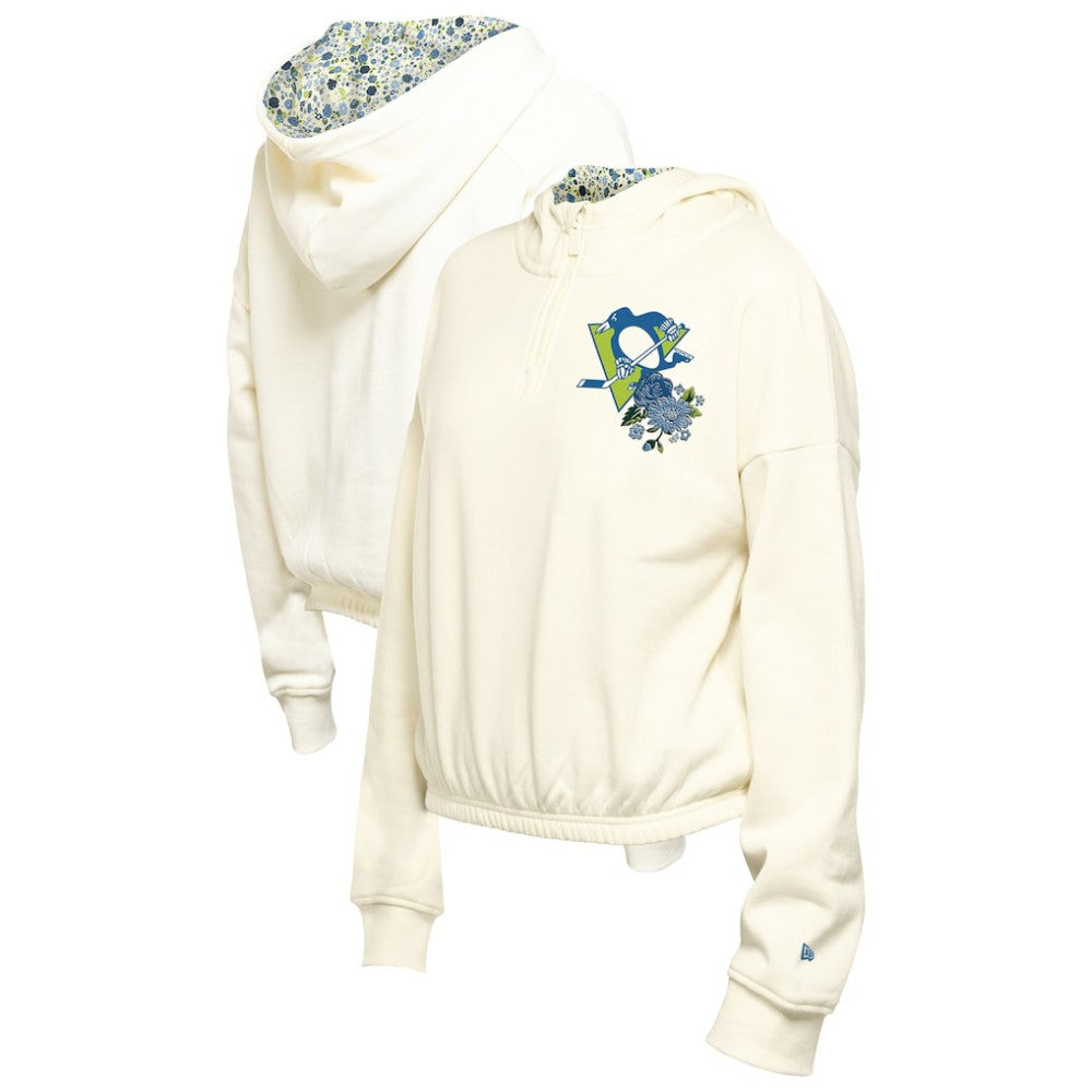 Pittsburgh Penguins New Era Women's Glam Game Quarter-Zip Cropped Floral Hoodie Pullover