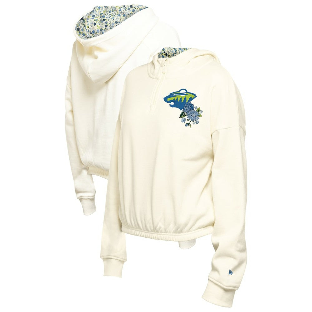Minnesota Wild New Era Women's Glam Game Quarter-Zip Cropped Floral Hoodie Pullover