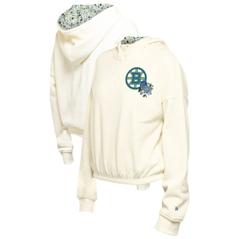 Boston Bruins New Era Women's Glam Game Quarter-Zip Cropped Floral Hoodie Pullover