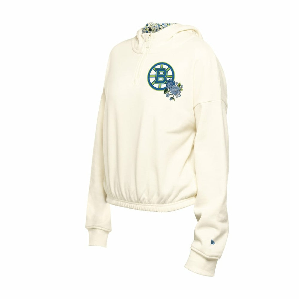 Boston Bruins New Era Women's Glam Game Quarter-Zip Cropped Floral Hoodie Pullover