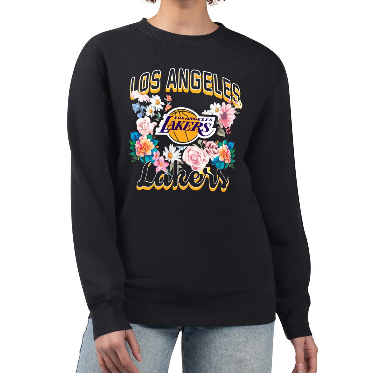 Los Angeles Lakers G-III 4Her by Carl Banks Women's Flowers Team Logo Graphic Fleece Crewneck Pullover Sweatshirt - Black cheap