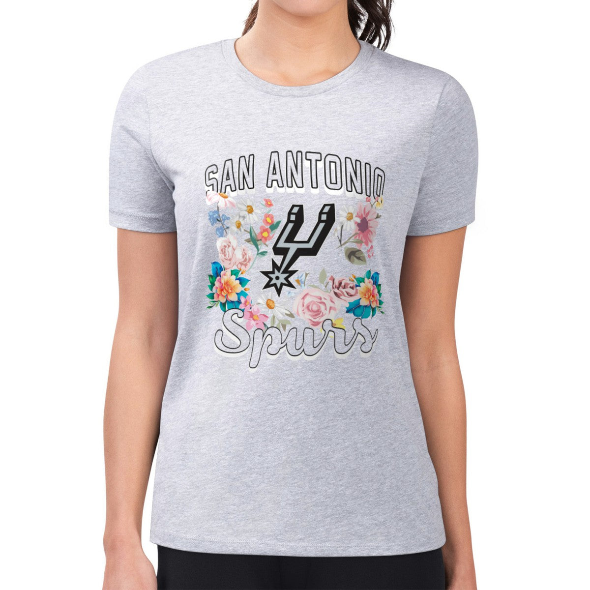 San Antonio Spurs G-III 4Her by Carl Banks Women's Super-Slim Fit Lightweight Flowers Team Logo Graphic T-Shirt - Heather Gray for sale