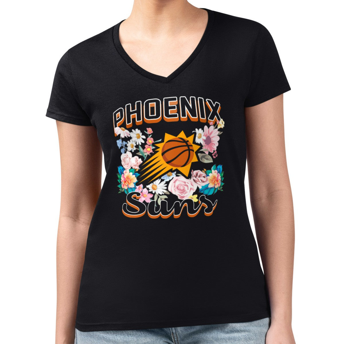 Phoenix Suns G-III 4Her by Carl Banks Women's Super-Slim Fit Lightweight Flowers Team Logo Graphic V-Neck T-Shirt - Black outlet