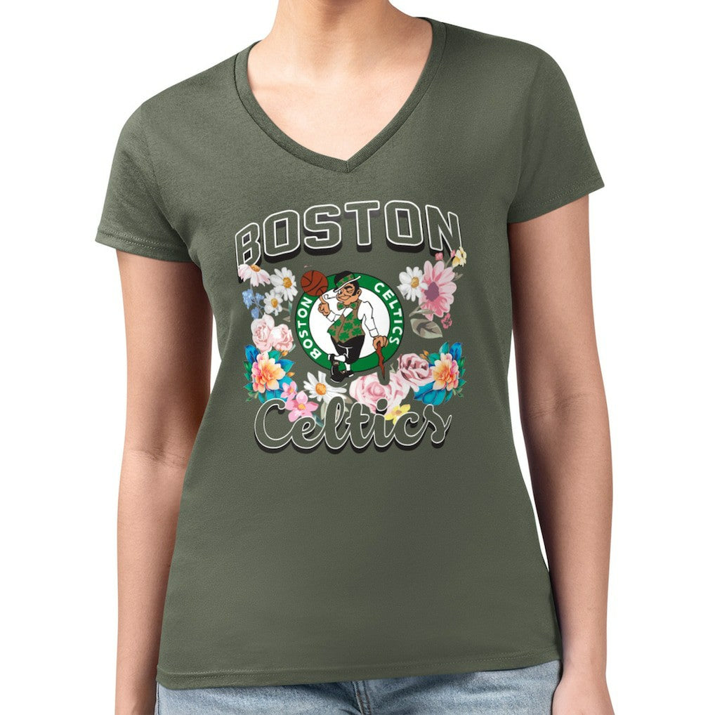 Boston Celtics G-III 4Her by Carl Banks Women's Super-Slim Fit Lightweight Flowers Team Logo Graphic V-Neck T-Shirt - Olive for sale