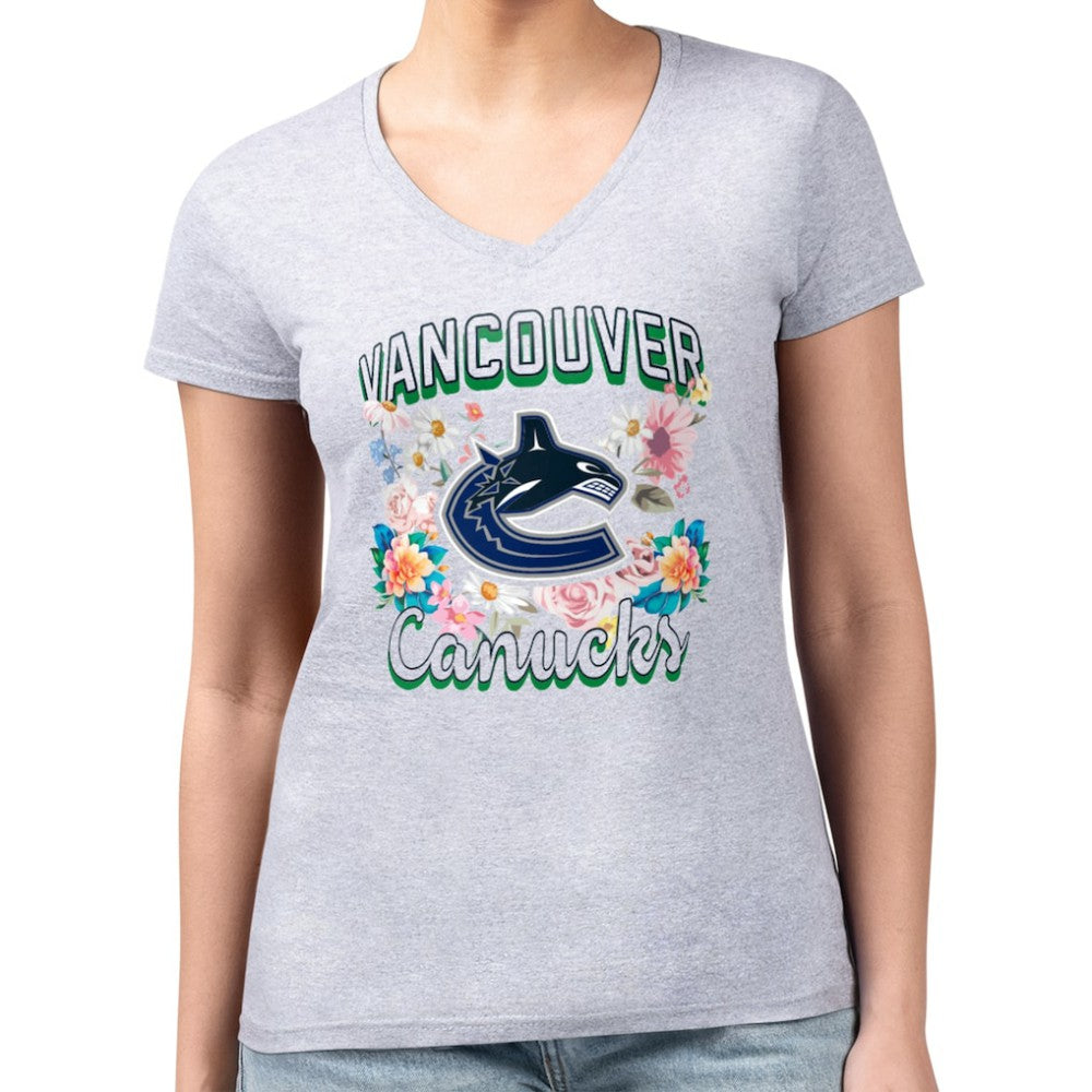 Vancouver Canucks G-III 4Her by Carl Banks Women's Super-Slim Fit Lightweight Flower Logo V-Neck T-Shirt