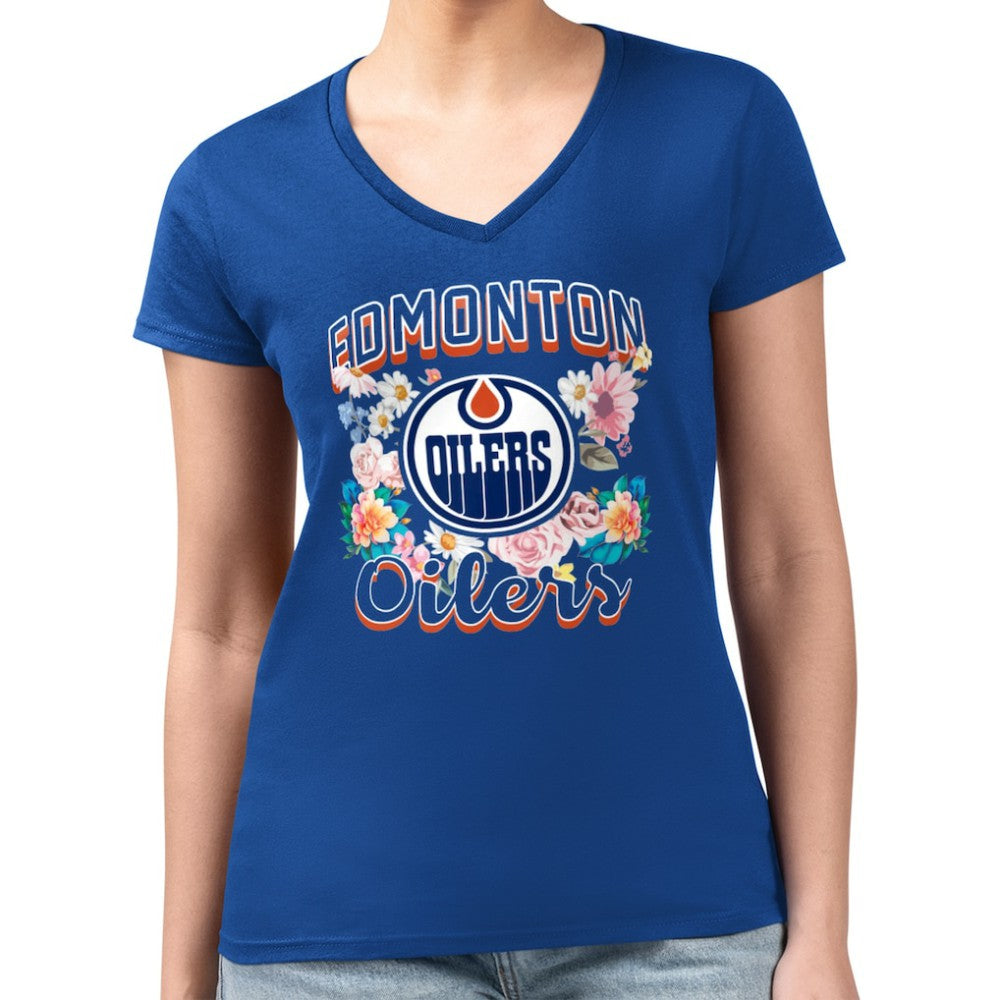 Edmonton Oilers G-III 4Her by Carl Banks Women's Super-Slim Fit Lightweight Flower Logo V-Neck T-Shirt