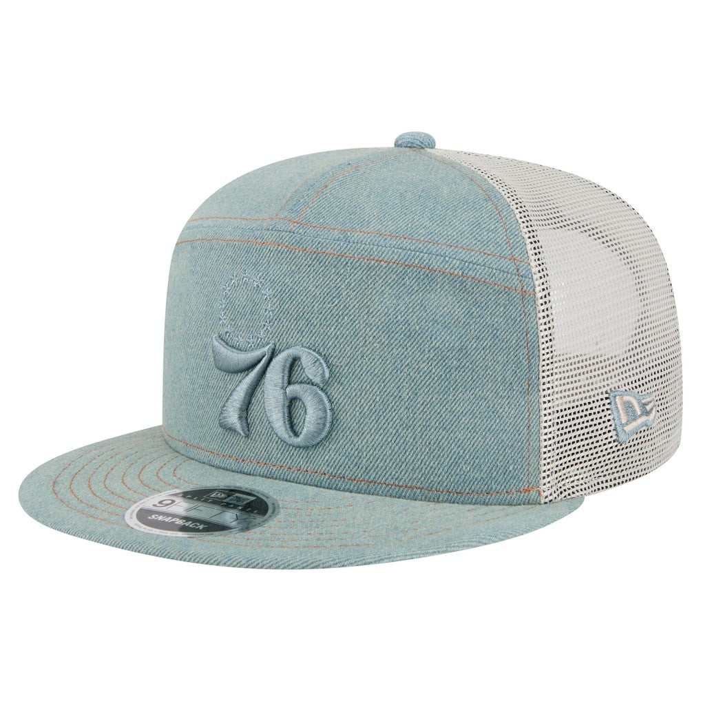 Philadelphia 76ers Adventure Denim Split Panel 9FIFTY Snapback Trucker Hat | New Era shop
