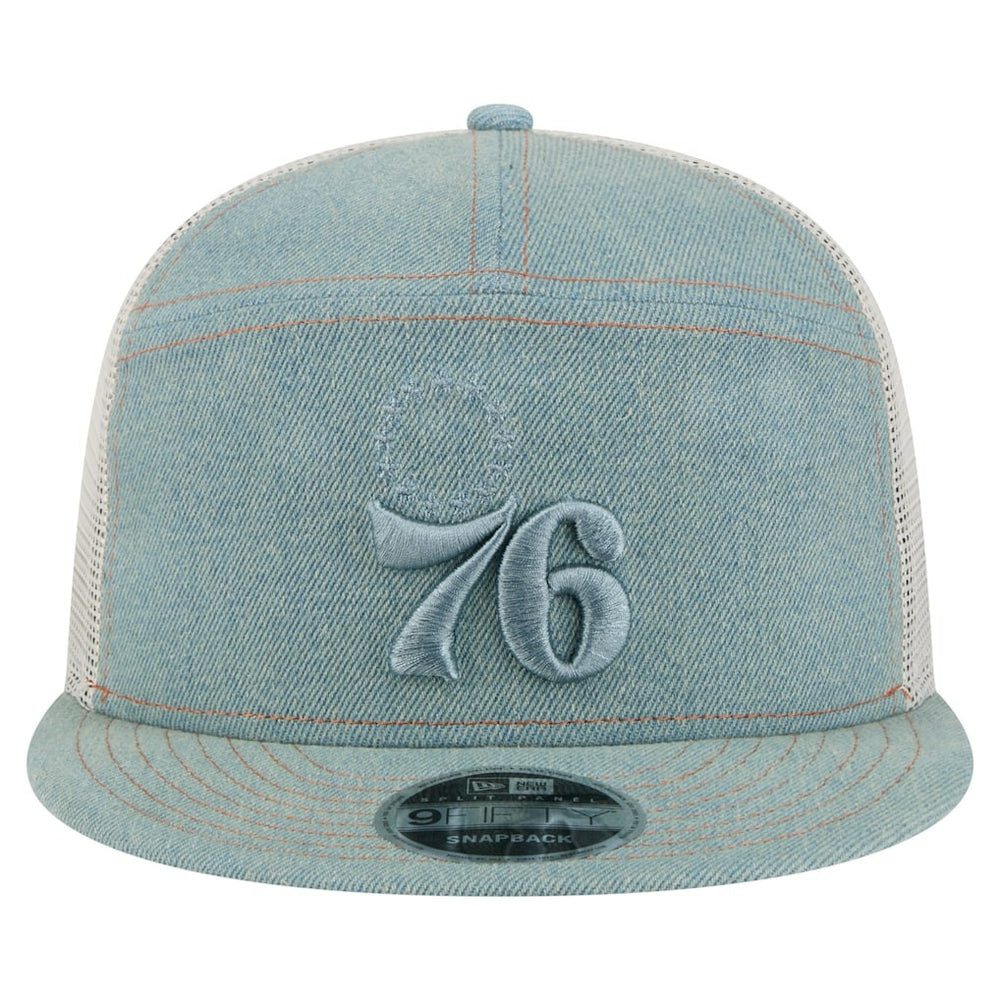 Philadelphia 76ers Adventure Denim Split Panel 9FIFTY Snapback Trucker Hat | New Era shop