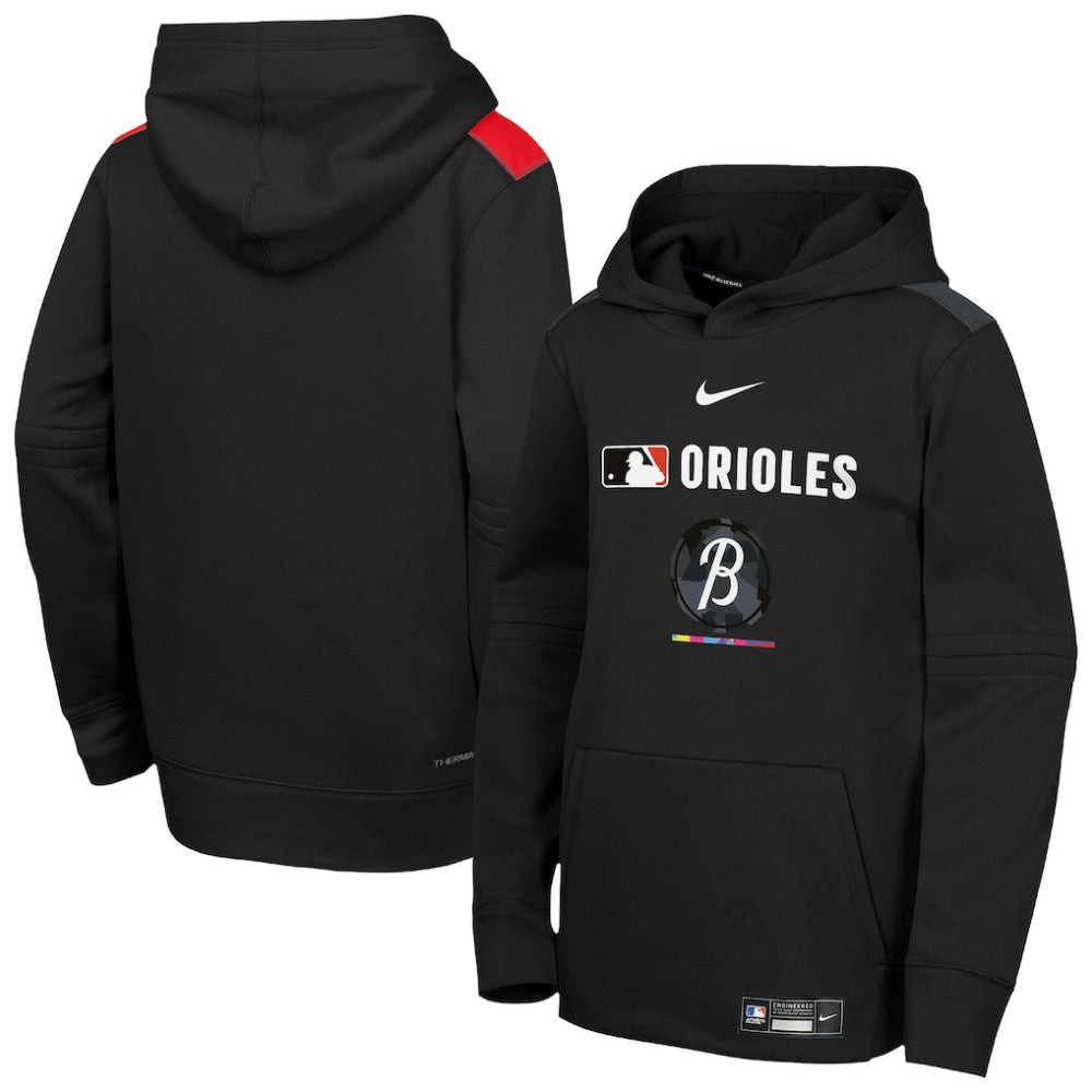 Baltimore Orioles Youth City Connect Authentic Collection Performance Pullover Hoodie - Black | Nike