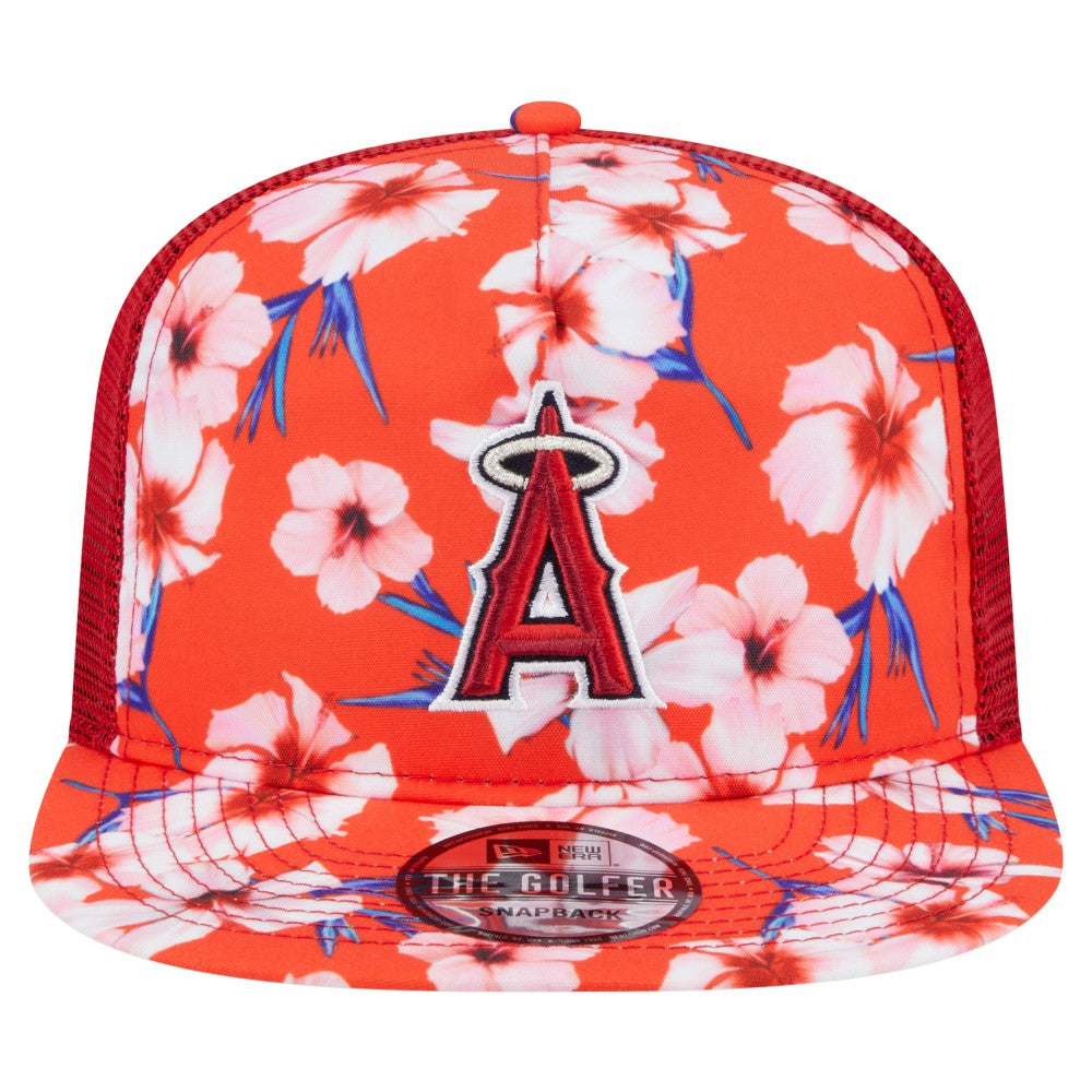 Los Angeles Angels Adventure Pattern Golfer Trucker Snapback Hat - Red | New Era