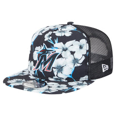 Miami Marlins Adventure Pattern Golfer Trucker Snapback Hat - Black | New Era