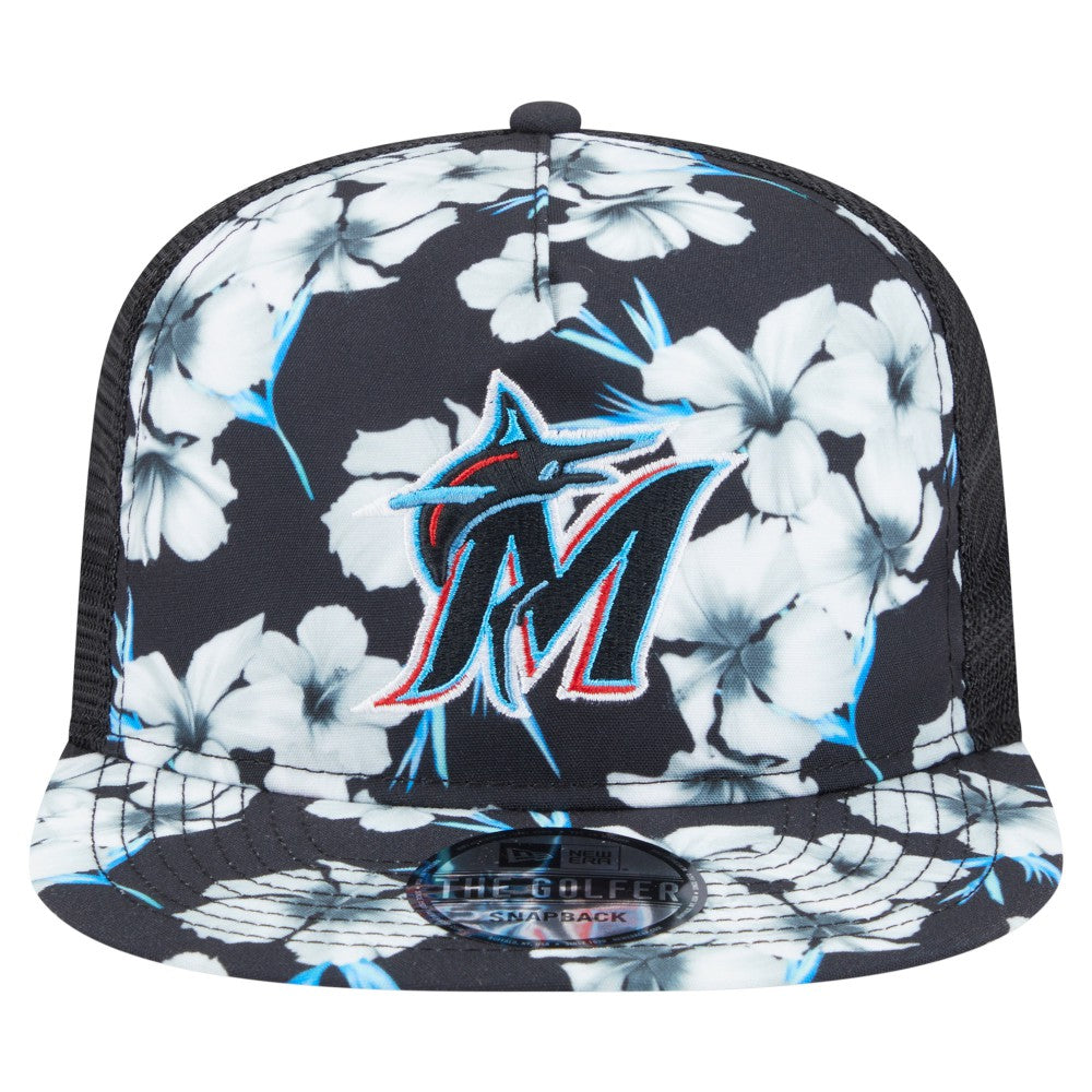 Miami Marlins Adventure Pattern Golfer Trucker Snapback Hat - Black | New Era