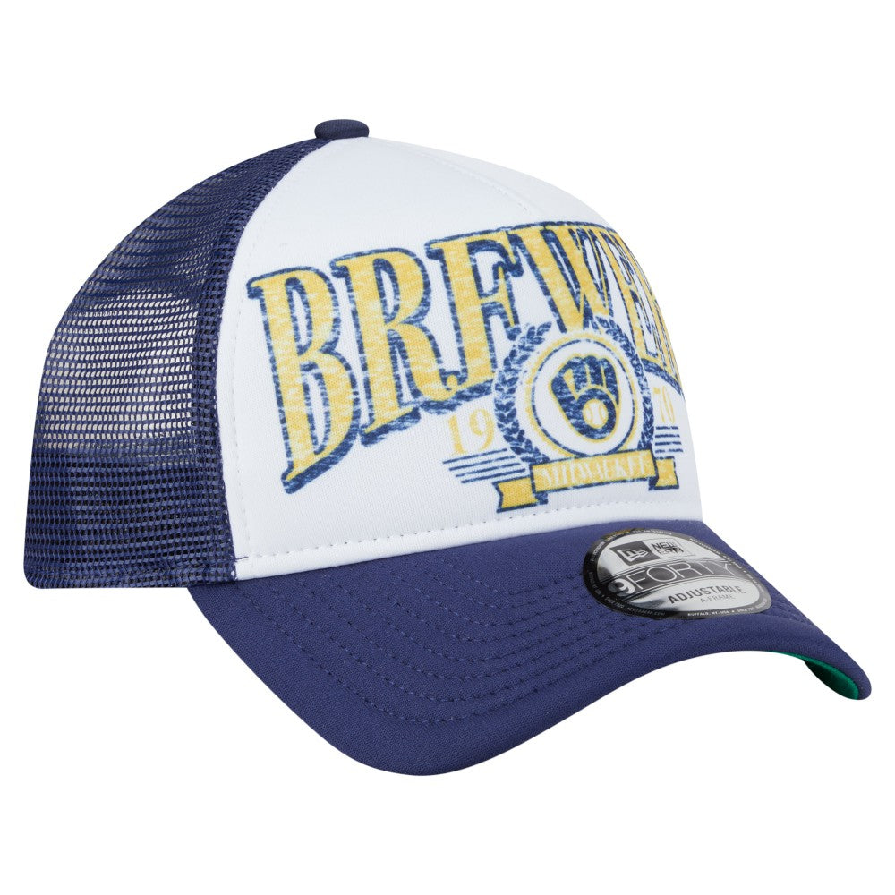 Milwaukee Brewers Distressed 9FORTY A-Frame Adjustable Trucker Hat - White | New Era