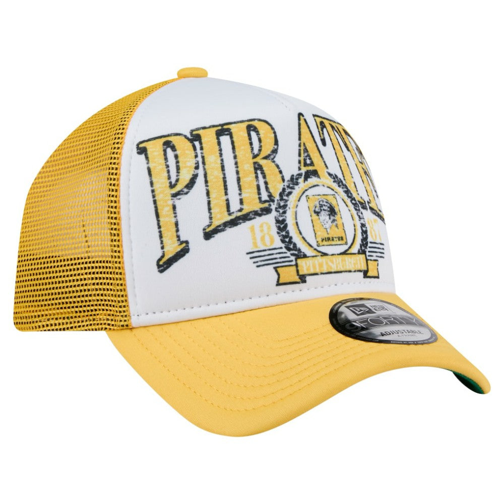 Pittsburgh Pirates Distressed 9FORTY A-Frame Adjustable Trucker Hat - White/Gold | New Era