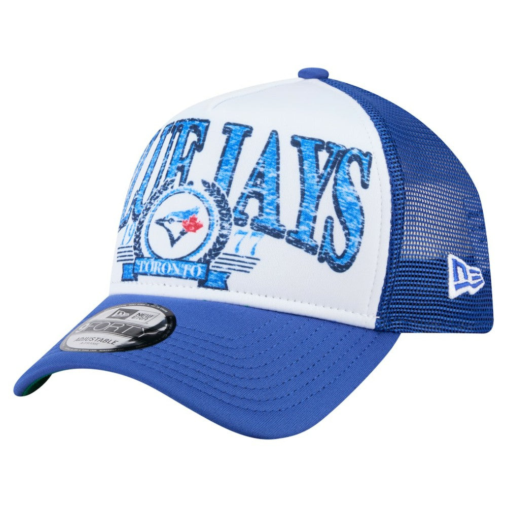 Toronto Blue Jays Distressed 9FORTY A-Frame Adjustable Trucker Hat - White/Royal | New Era