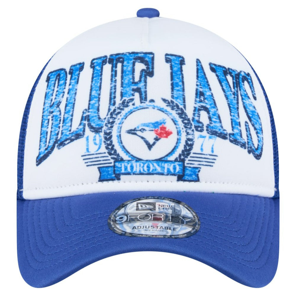 Toronto Blue Jays Distressed 9FORTY A-Frame Adjustable Trucker Hat - White/Royal | New Era