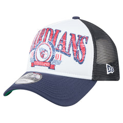 Cleveland Guardians Distressed 9FORTY A-Frame Adjustable Trucker Hat - White/Navy | New Era