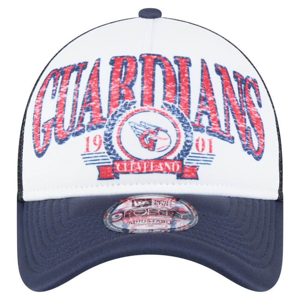 Cleveland Guardians Distressed 9FORTY A-Frame Adjustable Trucker Hat - White/Navy | New Era